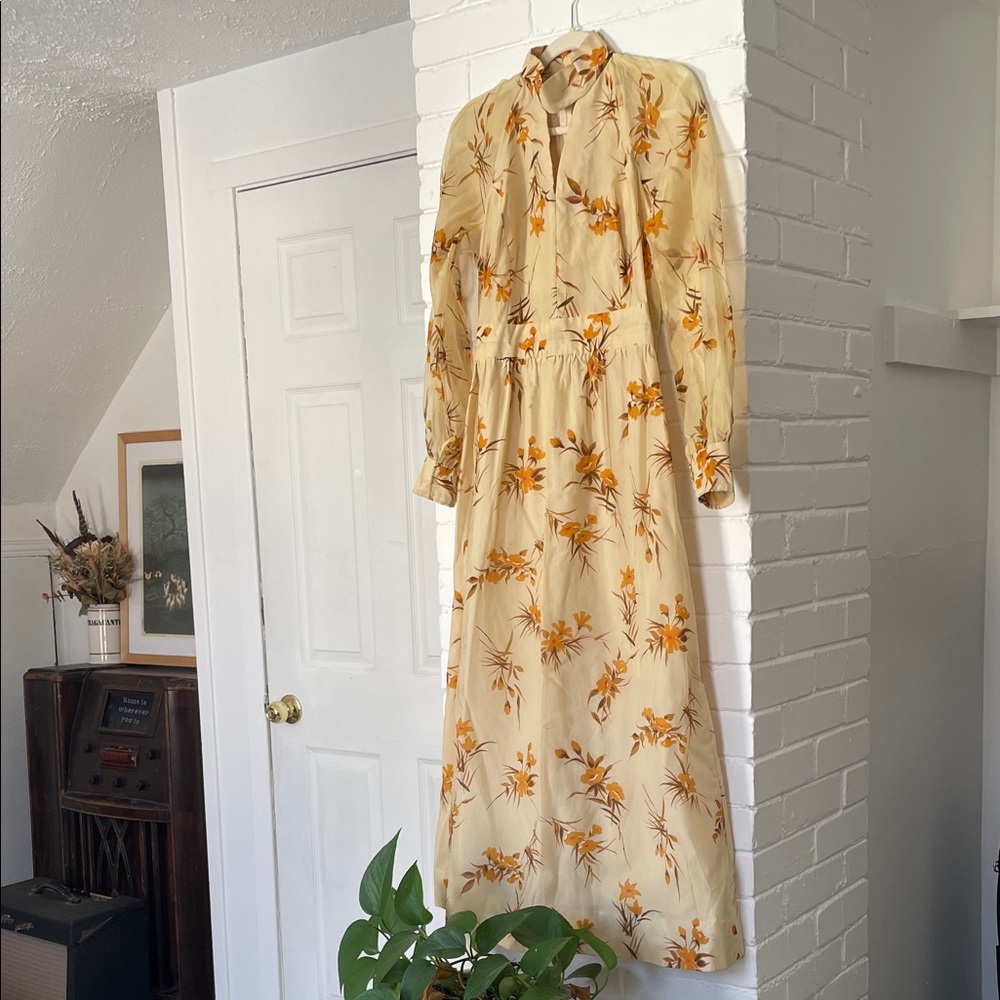 1970s Butter Yellow Floral Maxi Prairie Dress with Sheer Long Sleeves